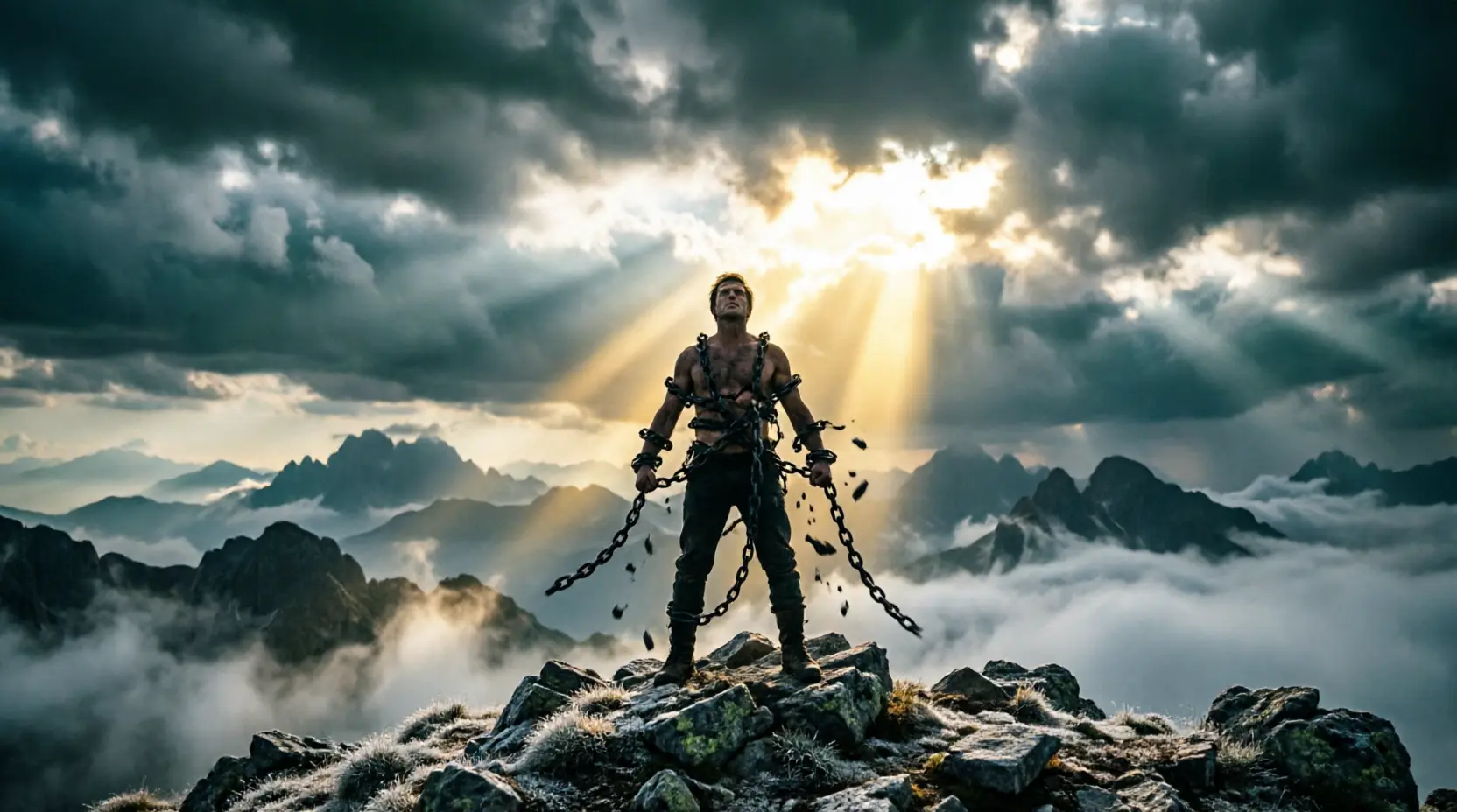 Freedom from sin: a person with arms raised as sunlight breaks through
