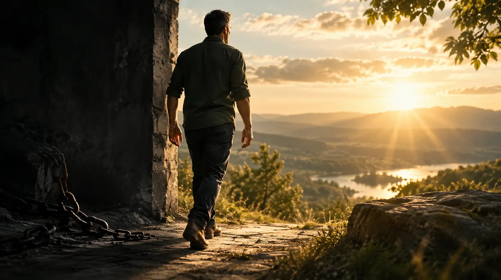 Man stepping from darkness into light, representing freedom from sin consciousness