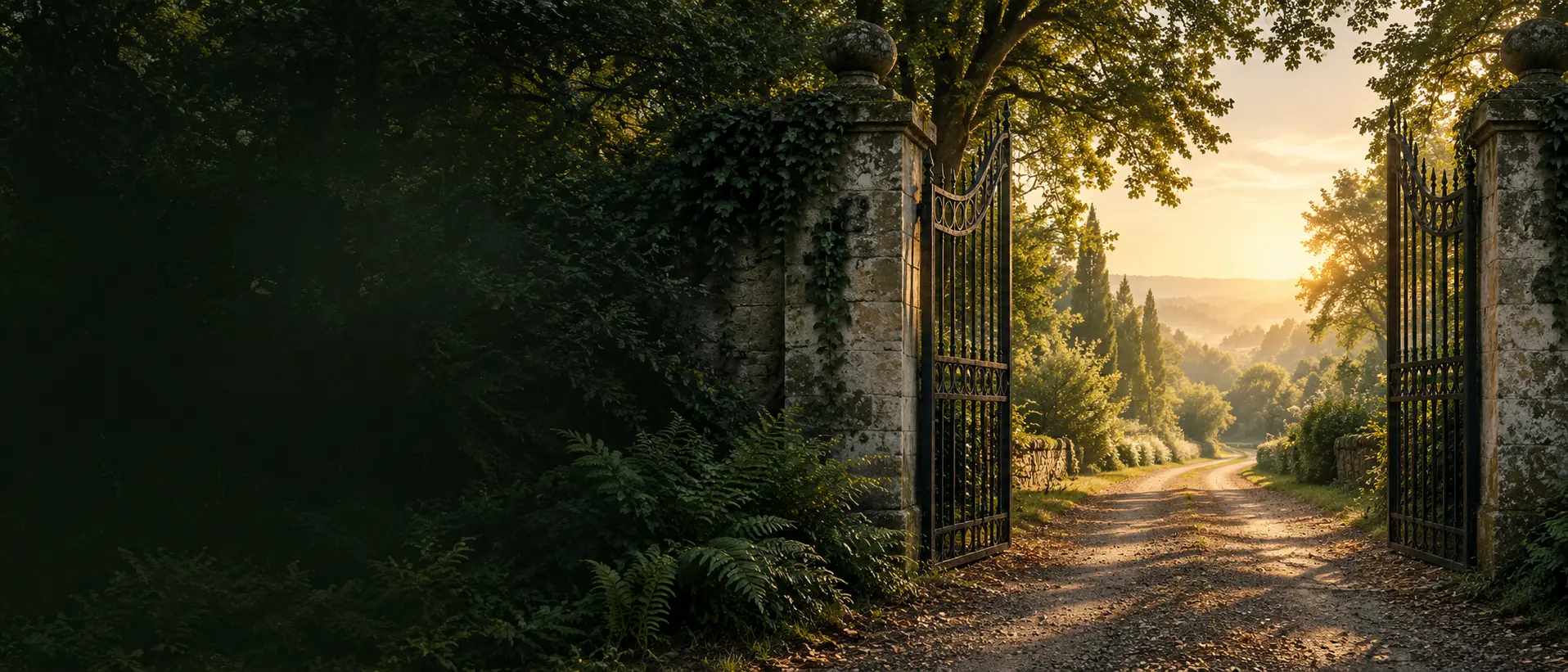 Open gate at dawn representing the finished victory of Jesus Christ